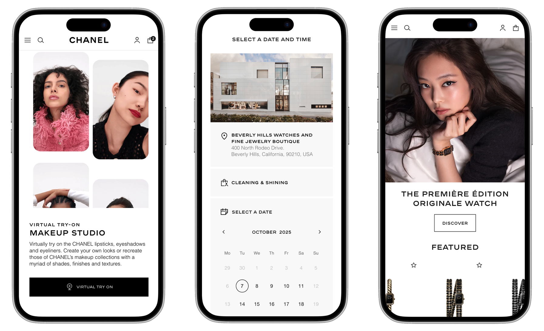 CHANEL mobile app screens showing virtual try-on, makeup studio, and appointment booking