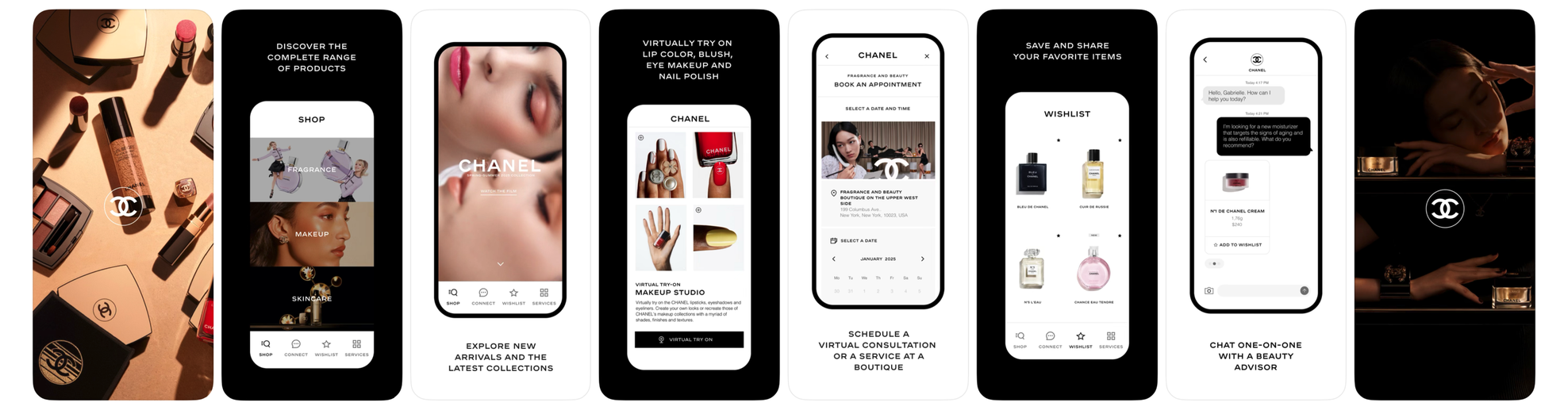 CHANEL app flows for shop, virtual try-on, appointment booking, wishlist, and chat