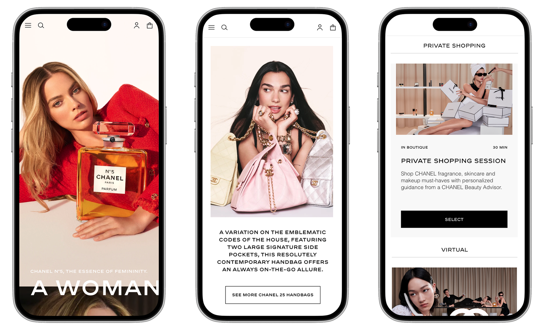CHANEL app screens for fragrance campaigns, handbag details, and private shopping sessions
