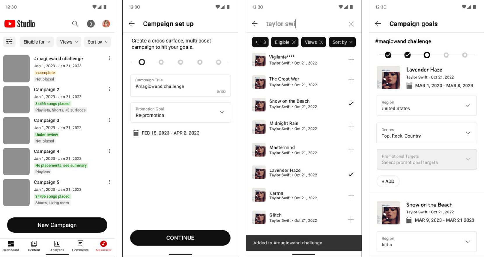 Maximizer app vision prototype showing the campaign set-up flow on mobile