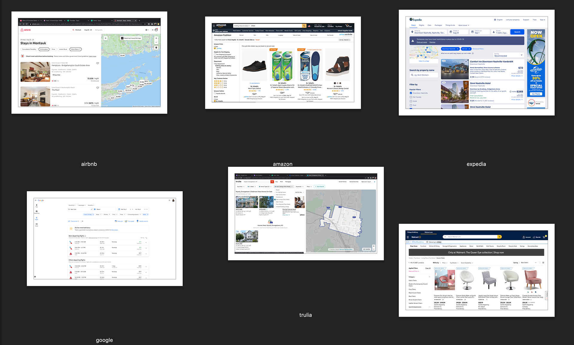Competitive feature audit across Airbnb, Amazon, Expedia, Google, Trulia, and Walmart