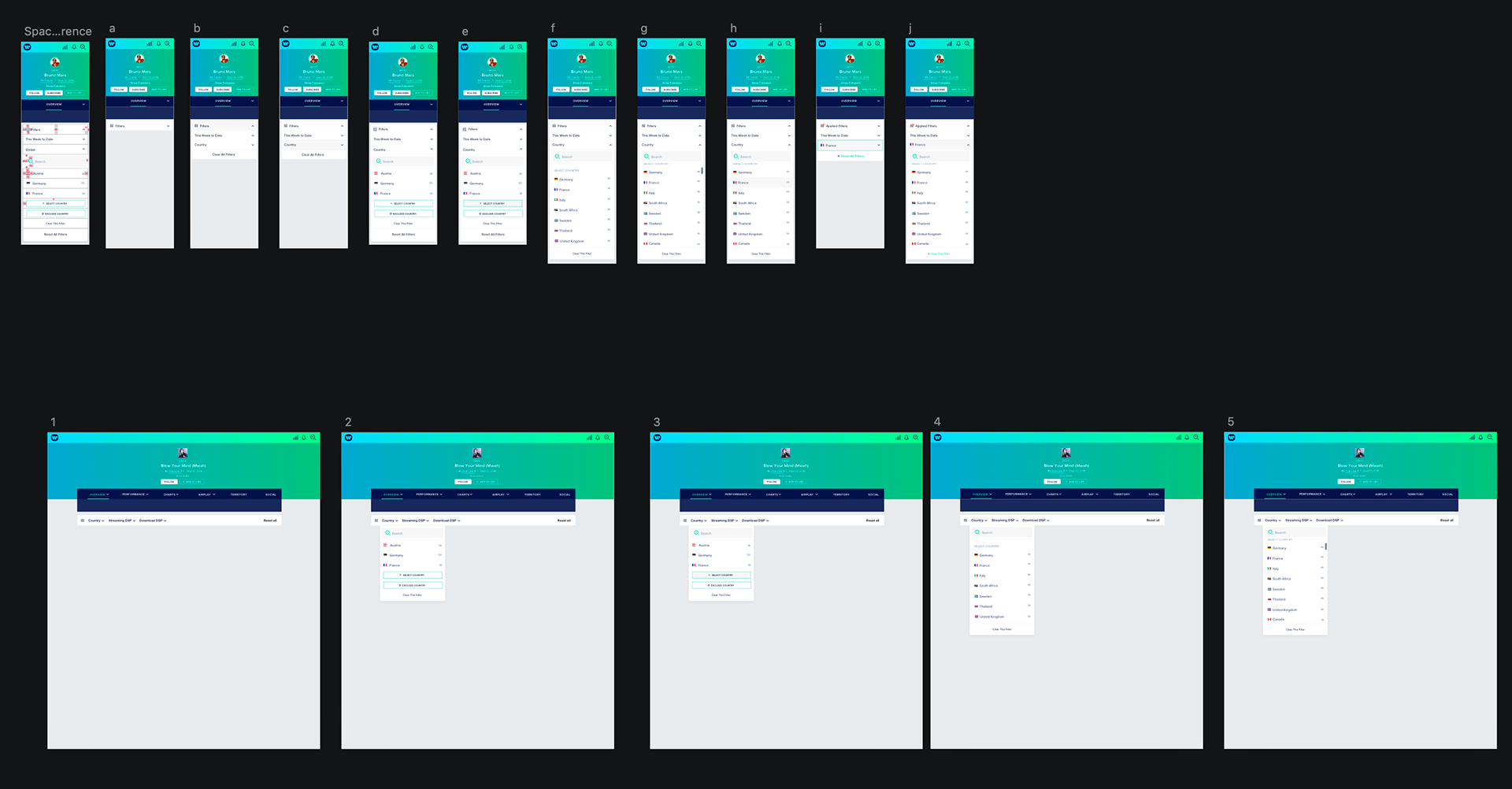 Wireframe iterations of the filter panel